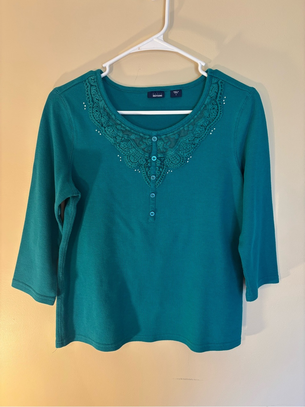 Basic Editions Teal Lace-Trim Henley Long Sleeve Top